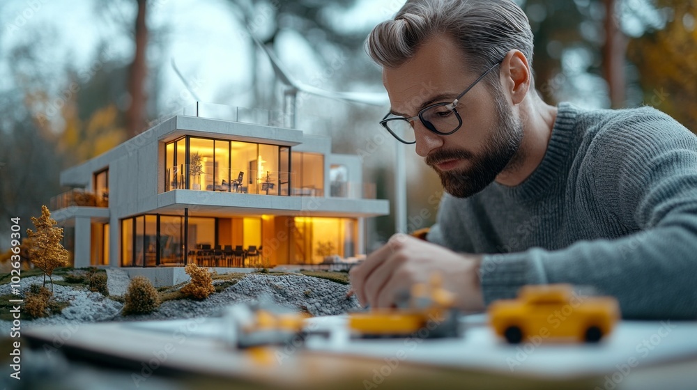 Poster a man is drawing a house with a car and a taxi in front of it