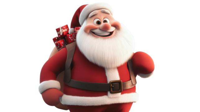 A cartoon character dressed as Santa Claus is smiling