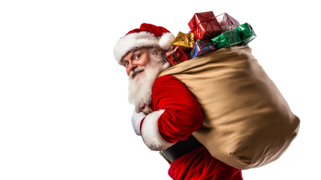 A man dressed as Santa is carrying a large bag of presents