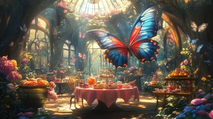Obraz premium A giant butterfly perches on a table set for a whimsical tea party inside a sunlit greenhouse.