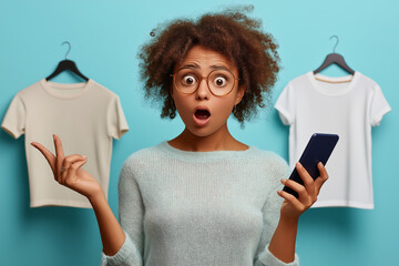 Beautiful smiling female customer shopping in clothing store, using smartphone, surfing online, comparing on internet, choosing stylish clothes, fashion store