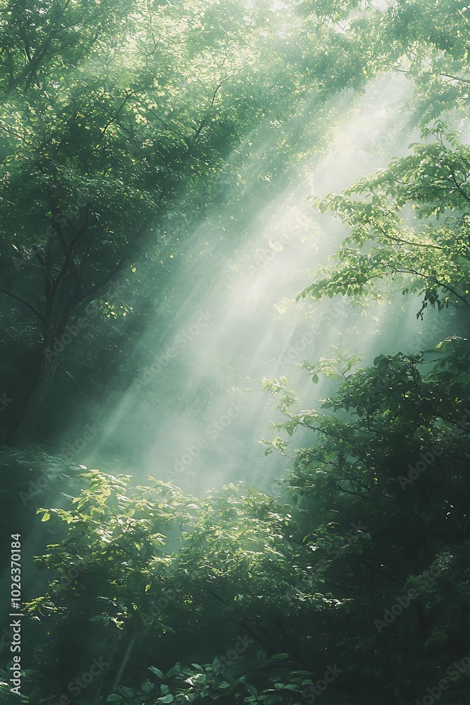 Poster a serene forest scene with sunlight streaming through the trees, creating a tranquil and mystical at