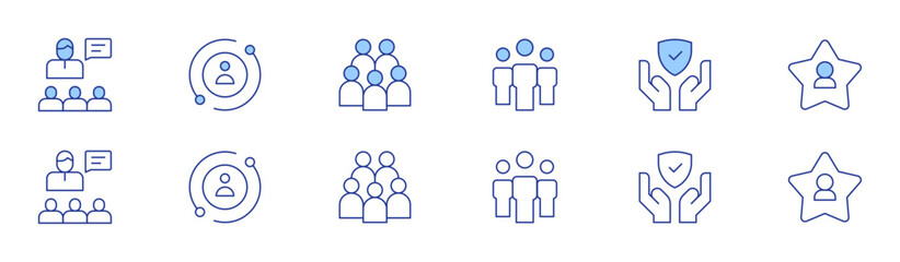 People icon set in two styles, Duotone and Thin Line style. Editable stroke. boss, teamwork, user, protection, group, star