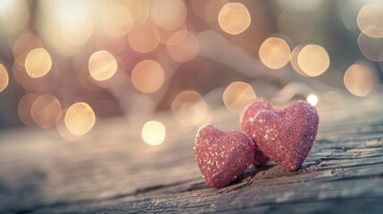 Fototapeta premium Romantic close up of pink hearts on wood with dreamy bokeh background for valentine s day