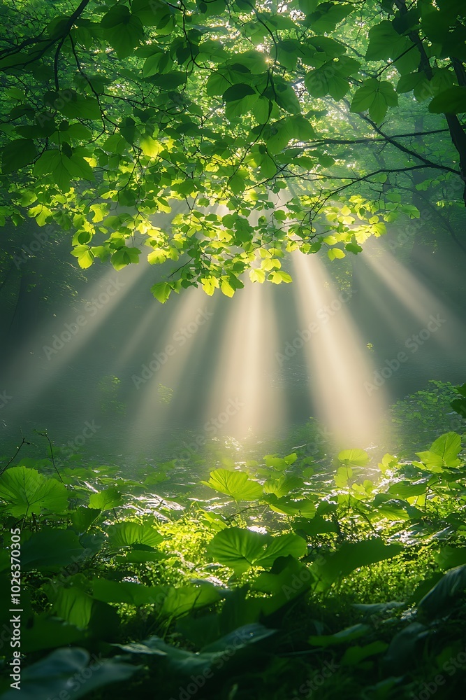Aufkleber a serene forest scene with sunlight filtering through lush green leaves, creating a peaceful and tra