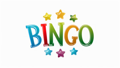 Colorful Bingo text with multicolored stars on white background. National Bingo Day, Bingo's Birthday Month