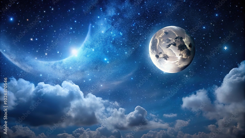 Wall mural night sky with moon and stars peeking through clouds
