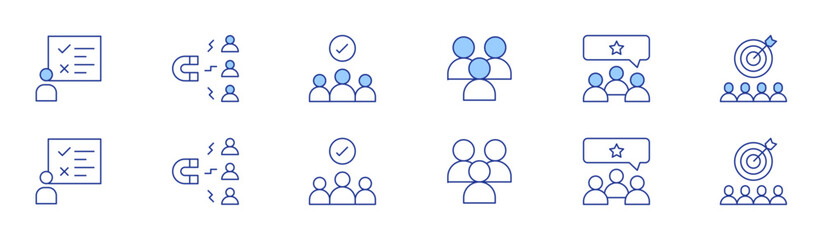 People icon set in two styles, Duotone and Thin Line style. Editable stroke. survey, learning, rating, engagement, support, target