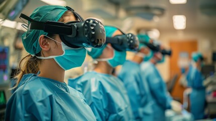 Doctors wearing VR headsets during surgery simulation in an operating room. Medical training and technology