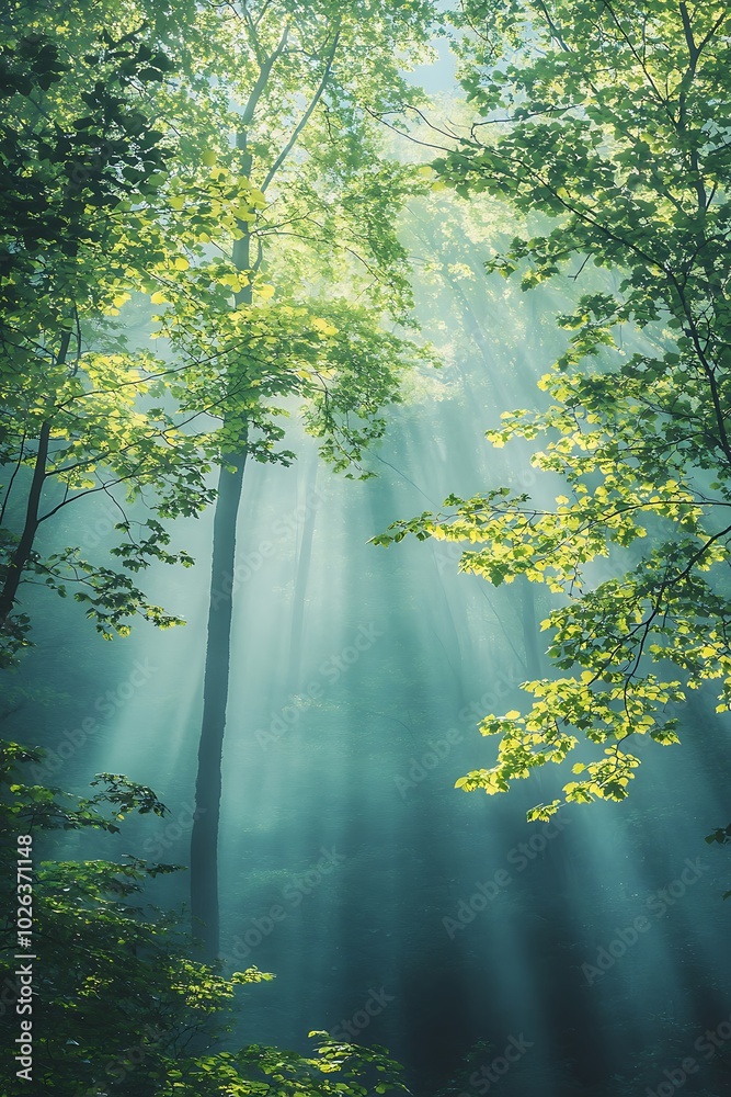 Aufkleber Sunlight filters through trees, illuminating a serene forest scene with green leaves and soft beams of light.