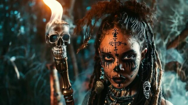 Close-up of voodoo caribbean young woman witch with face paint and skull torch. Dark fantasy portrait with occult symbols and smoky atmosphere. Gothic black witch with dreadlocks and bone jewelry