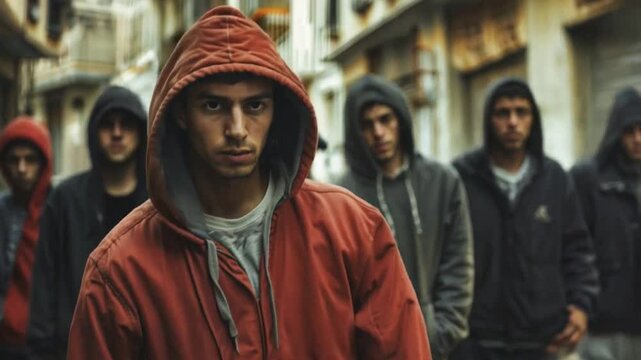 Young men walking at night in rban neighborhood. Hooded figures of teenagers in low light. Suspicious group behavior with potential criminal activity. Tense street atmosphere with immigrants in Europe