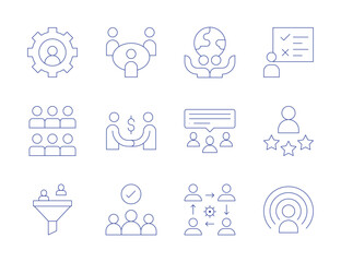 People icons. Thin Line style, editable stroke. gear, human resources, filter, support, survey, rating, influence, deal, humanitarian, speak up, interpersonal, business meeting