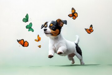 Fototapeta premium Whimsical watercolor of a small dog chasing butterflies, with light, airy brushstrokes creating a playful and dreamlike outdoor scene