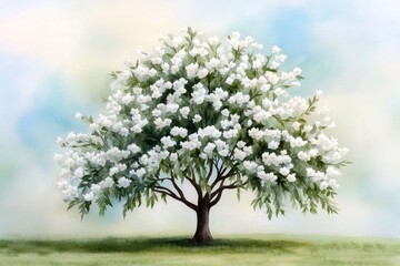 Fototapeta premium Whimsical watercolor of a willow tree in spring, with soft greens and blues blending to create a dreamy, ethereal scene of the tree in full bloom