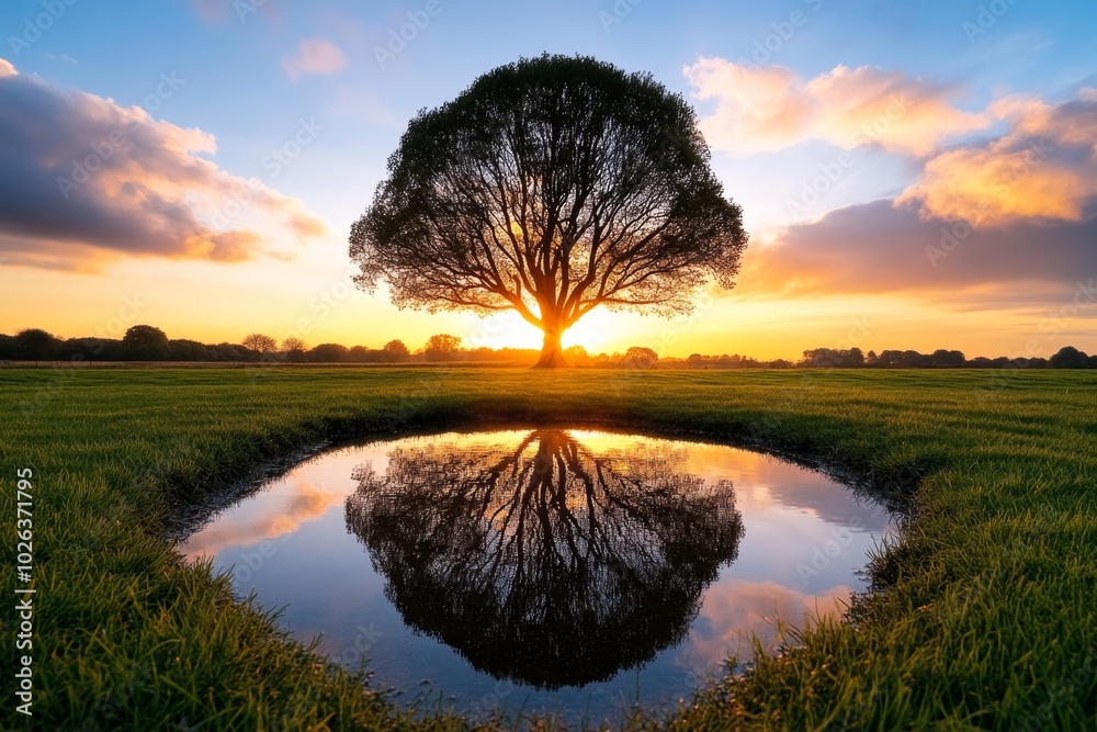 Poster willow tree at dusk, its silhouette reflecting in the water of a small pond, with the fading light c