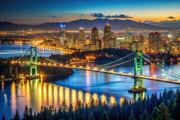 Night time Vancouver skyline with Lions Gate Bridge at a tilted angle