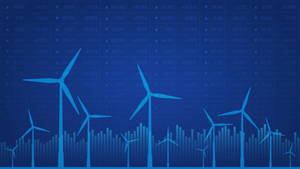 Wind turbines financial background with stock quotes