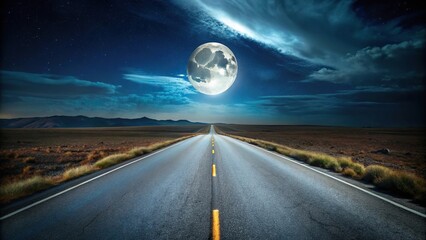Night time with moon shining over empty road