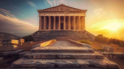 Majestic ancient greek temple with stone columns and weathered staircase at sunset