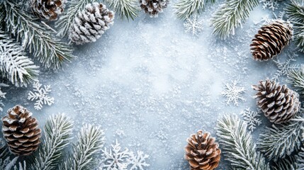 Snowy Pine Branches and Cones Create a Festive Border
