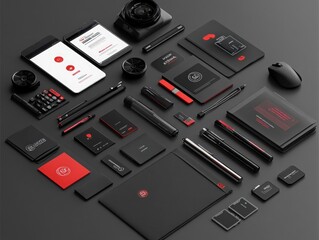 A flat lay of black and red branding mockup with a variety of items such as business cards, pens, notebooks, and mobile phones.
