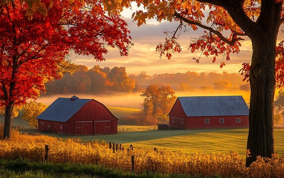 A serene autumn landscape featuring two red barns surrounded by vibrant fall foliage and a misty background at sunrise.