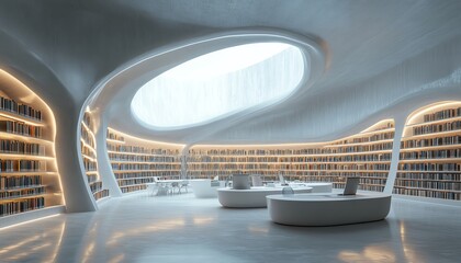 Futuristic public library interior design, clean blank wall space for signage, ergonomic study tables, and hightech lighting fixtures, 3D rendering