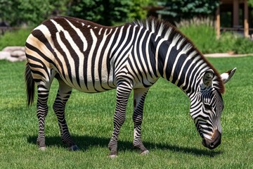 Zebras grazing in an open habitat, their black-and-white stripes standing out against the lush green grass of their spacious enclosure