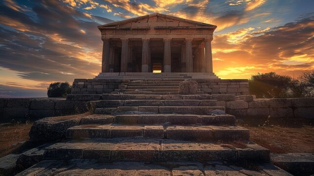 Stunning ancient greek temple with symmetrical design and roman columns bathed in sunset glow