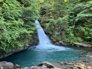 Giessbach Falls in the eponymous nature park and over Lake Brienz - Giessbachfälle (Giessbachfaelle) im gleichnamigen Naturpark und über dem Brienzersee-Canton of Bern, Switzerland (Schweiz)