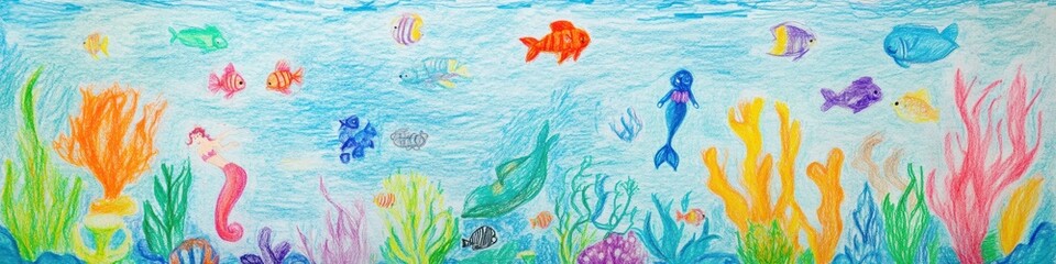 Obraz premium Colorful underwater scene with diverse fish and vibrant coral, showcasing marine life in a whimsical illustration.