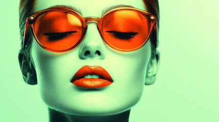 A woman with striking orange sunglasses enjoying a bright and vibrant moment in a creative setting