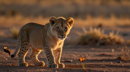 Obraz premium A young lion cub walks across the savanna, with a butterfly near its tail, in the golden light of the setting sun.
