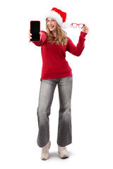 Smiling Christmas woman wearing a Santa hat showing a smartphone screen and a red glasses, isolated on a white background. Online shopping sale, promotions in web stores, and eyewear offers research