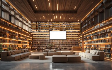 Modern public library featuring blank white wall sections for digital displays, cozy reading corners, geometric bookshelves, and LED lighting, 3D rendering