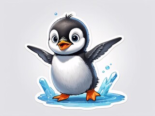 Obraz premium Cute flying baby penguin sticker. penguins playing on the water. generative ai. 