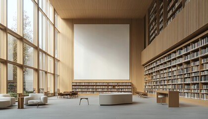 Modern public library interior with minimalist design, blank white wall template for art display, wooden bookshelves, and sleek furniture, 3D rendering