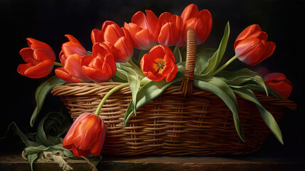 Elegant Arrangement A Basket Filled with Beautiful Fresh Tulips