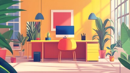 A Modern Home Office with Plants and Sunlight Streaming Through a Window
