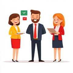 Three professionals in a business setting discussing tasks and progress.