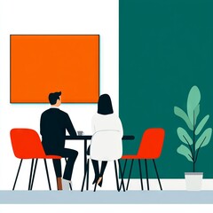 Two individuals seated at a table in a modern office setting.