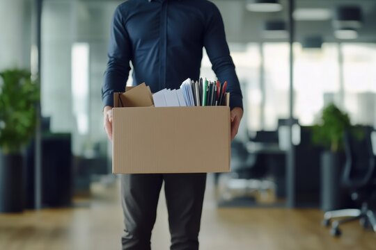 Businessman Holding Box of Documents in Office Setting