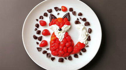 Creative fox-shaped dessert made with strawberries, whipped cream and chocolate chips placed white plate