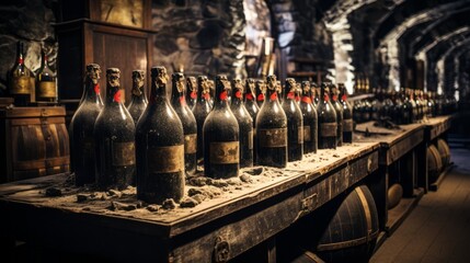 Obraz premium Mysterious Allure: Exploring the Enigmatic Antique Wine Cell with Black Bottles