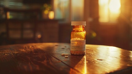 Prescription opioid bottle on wooden table with soft lighting reflecting addiction crisis in society