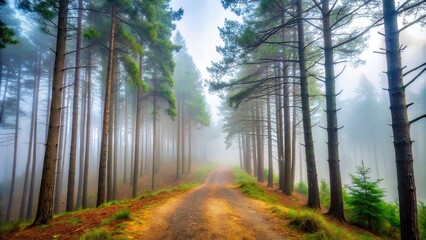 Obraz premium Tilted angle tall pine trees in fog along path