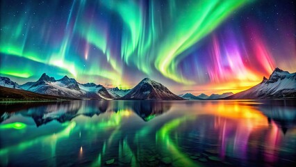Northern light scene with colorful lights and mountains reflected in water
