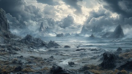 Obraz premium A Stormy Seascape with Rocky Islands and Dramatic Clouds