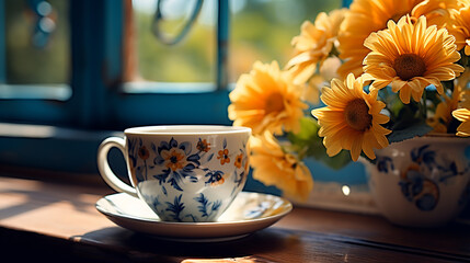A cup containing a cup of flowers in front